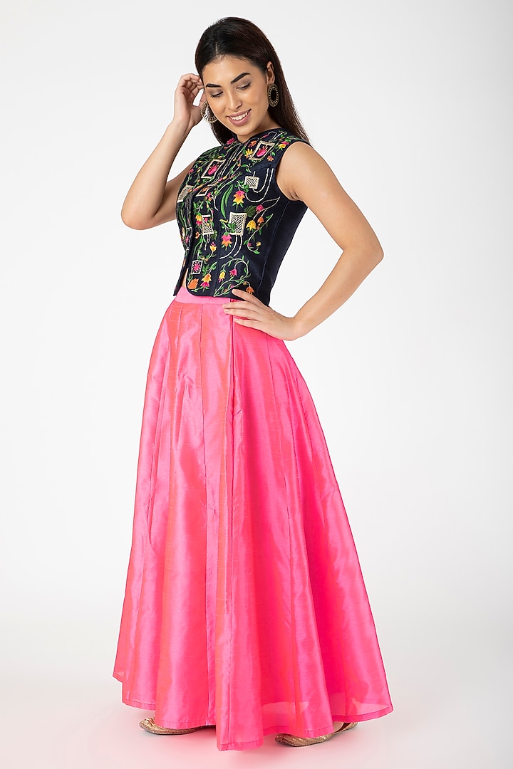 Navy Blue Embroidered Jacket With Fuchsia Lehenga by Aharin India at Pernia's Pop Up Shop