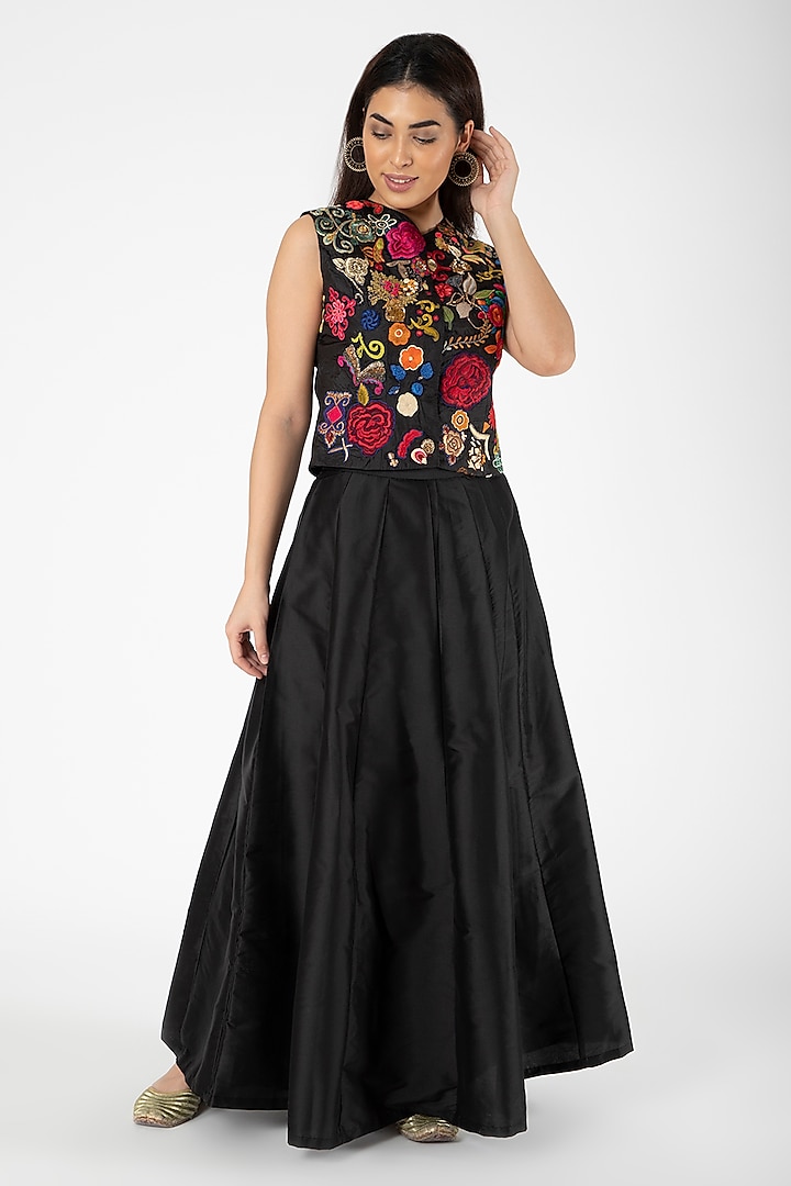 Black Embroidered Jacket With Lehenga by Aharin India