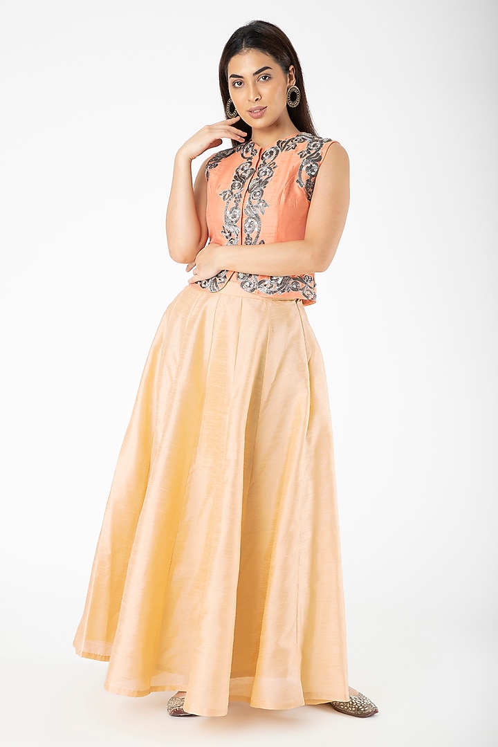 Peach Embroidered Jacket With Gold Lehenga by Aharin India