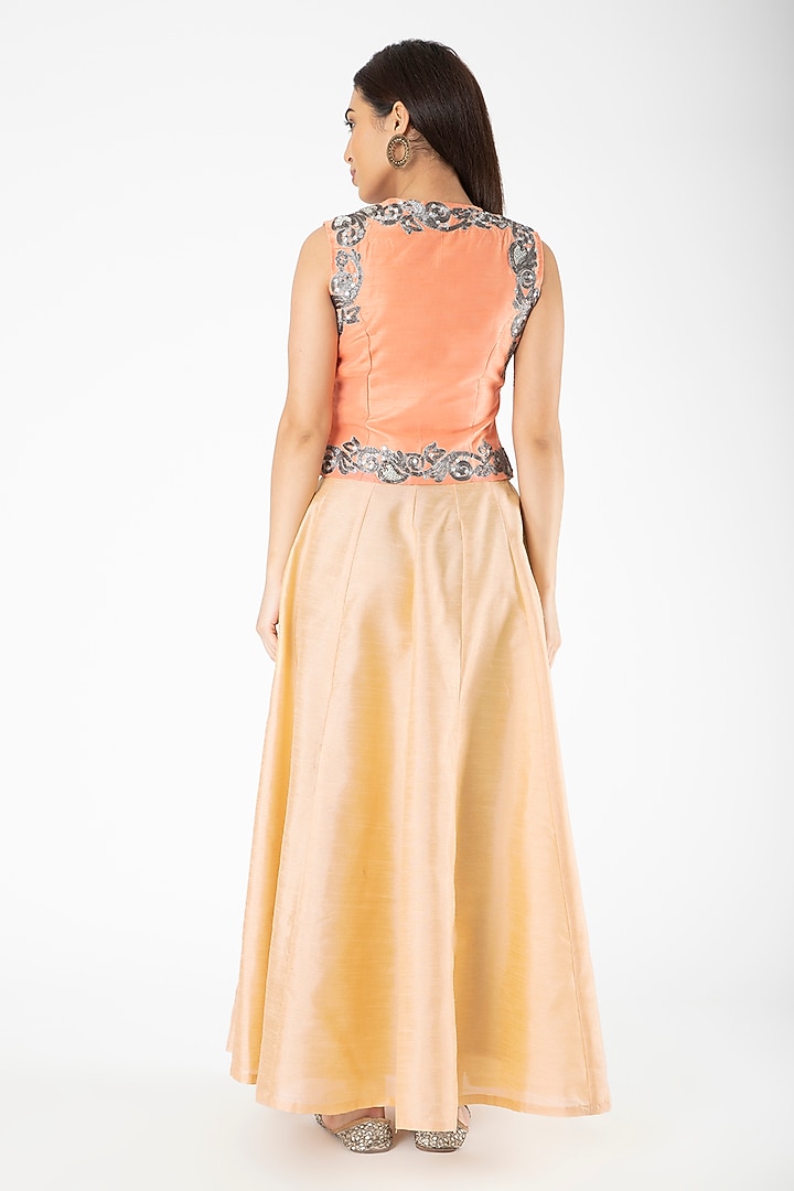 Peach Embroidered Jacket With Gold Lehenga by Aharin India at Pernia's Pop Up Shop