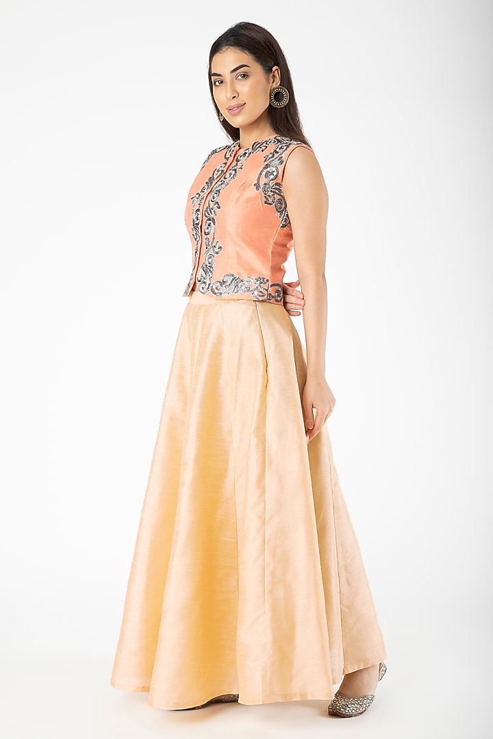 Peach Embroidered Jacket With Gold Lehenga by Aharin India at Pernia's Pop Up Shop