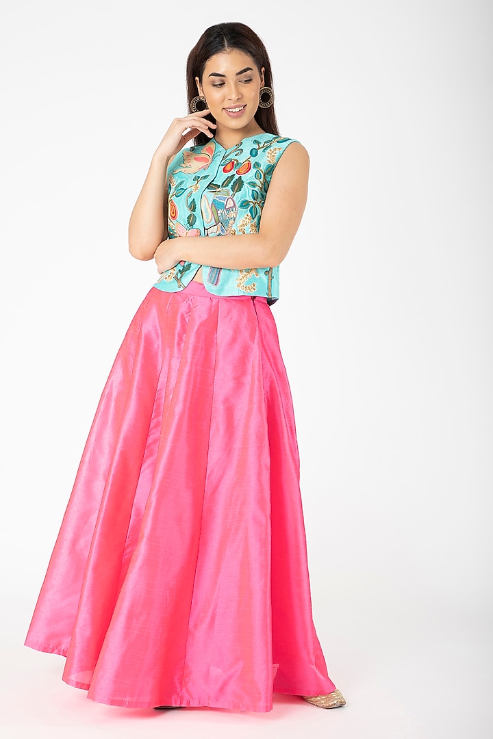 Turquoise Embroidered Jacket With Candy Pink Lehenga by Aharin India