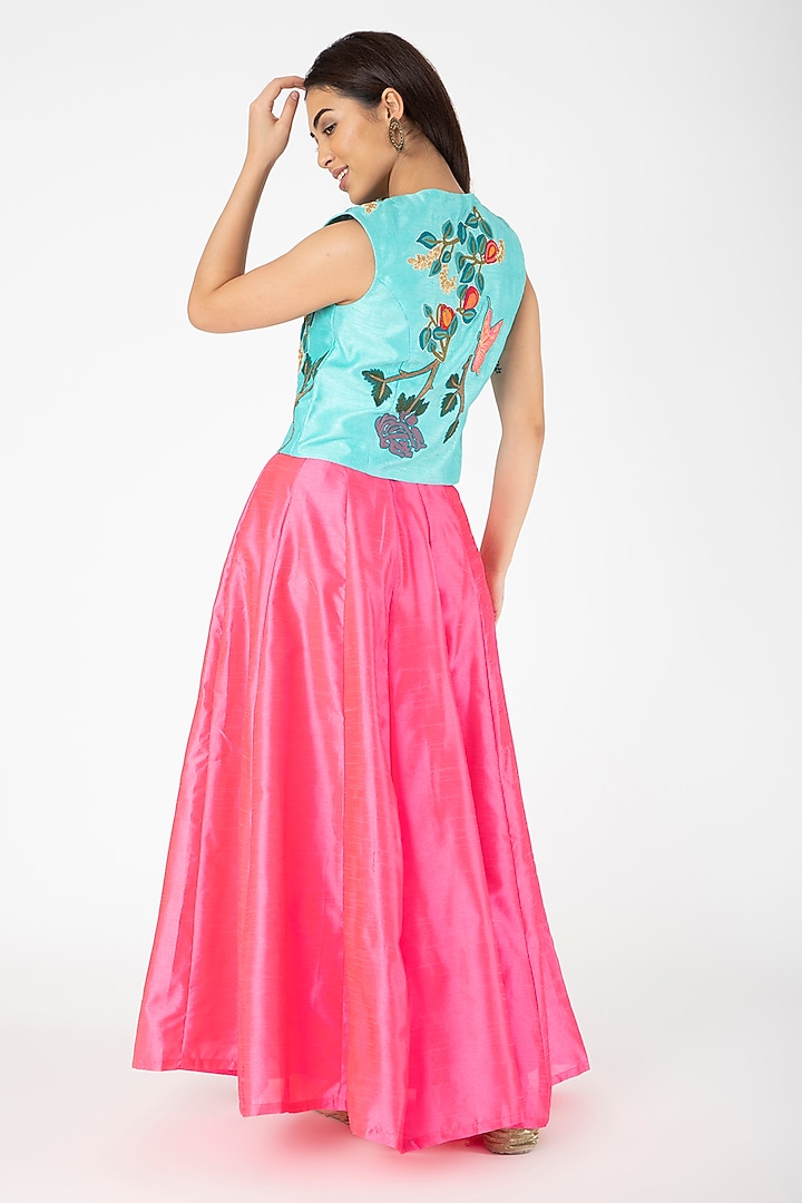 Turquoise Embroidered Jacket With Candy Pink Lehenga by Aharin India at Pernia's Pop Up Shop