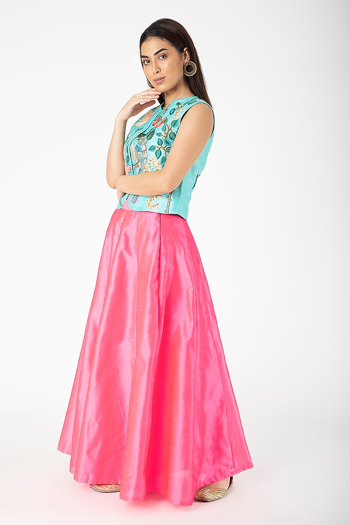 Turquoise Embroidered Jacket With Candy Pink Lehenga by Aharin India at Pernia's Pop Up Shop