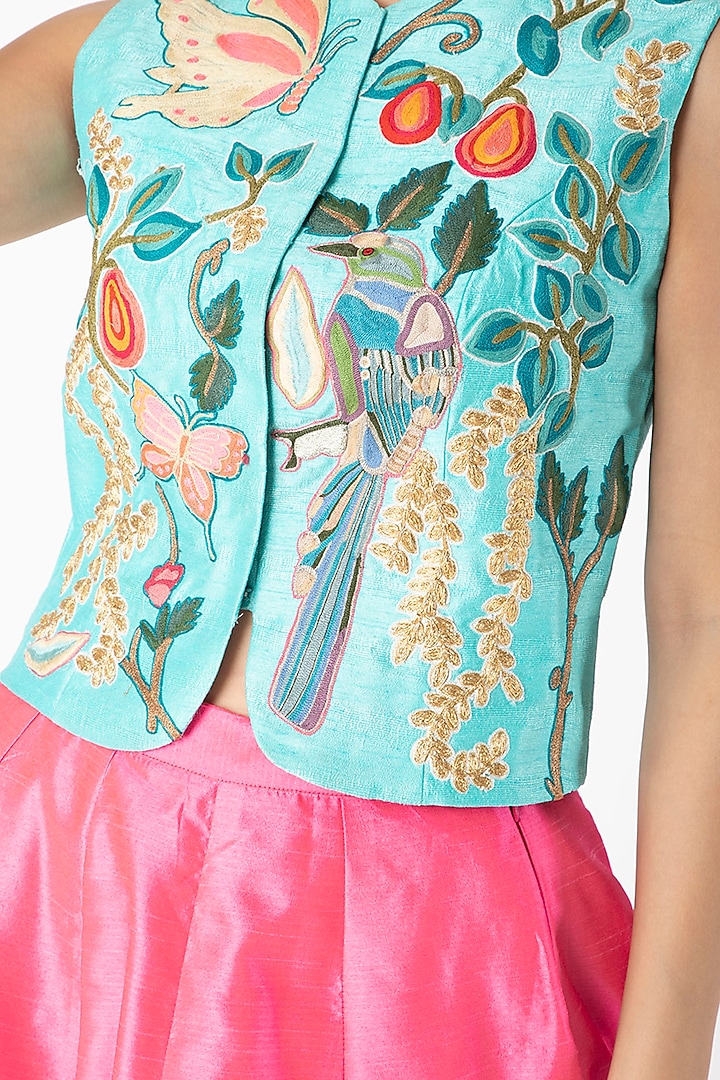 Turquoise Embroidered Jacket With Candy Pink Lehenga by Aharin India at Pernia's Pop Up Shop
