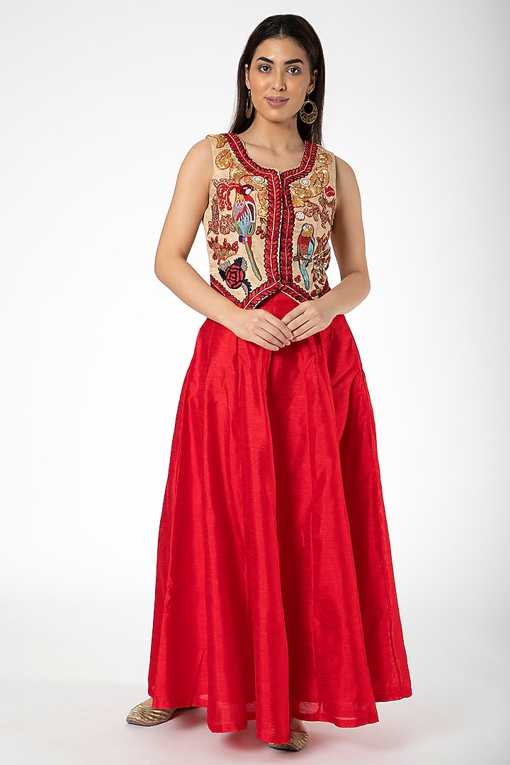 Red Embroidered Jacket With Lehenga by Aharin India