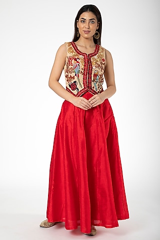 Red Embroidered Jacket With Lehenga by Aharin India