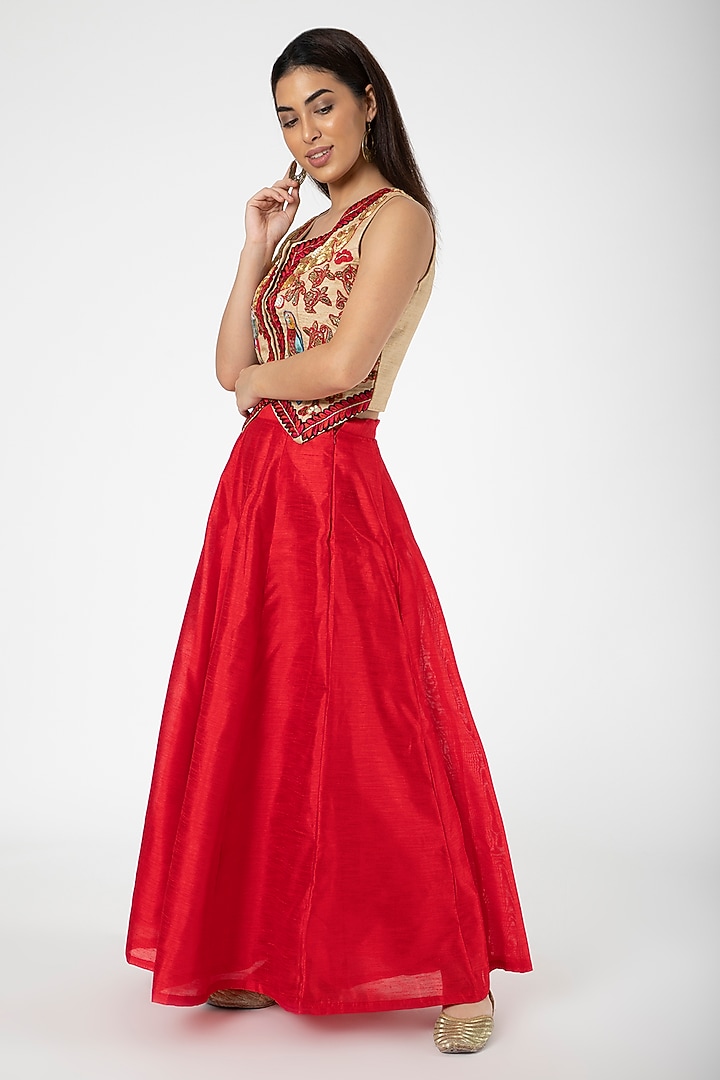 Red Embroidered Jacket With Lehenga by Aharin India at Pernia's Pop Up Shop