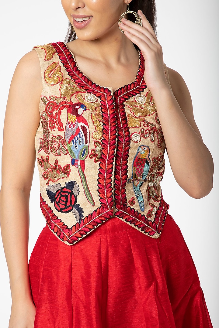 Red Embroidered Jacket With Lehenga by Aharin India at Pernia's Pop Up Shop