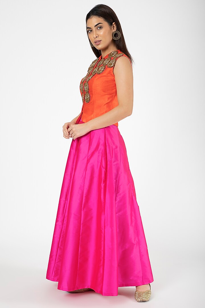 Orange Embroidered Jacket With Fuchsia Lehenga by Aharin India at Pernia's Pop Up Shop