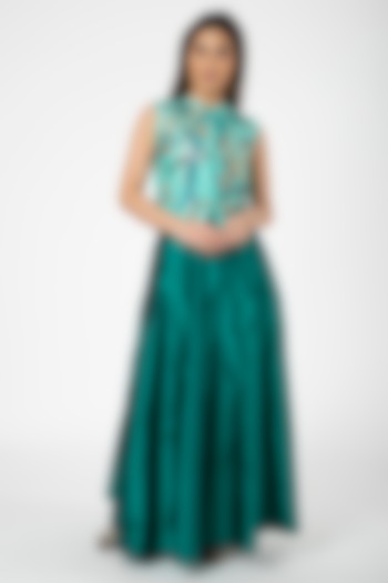Turquoise Embroidered Jacket With Green Lehenga by Aharin India