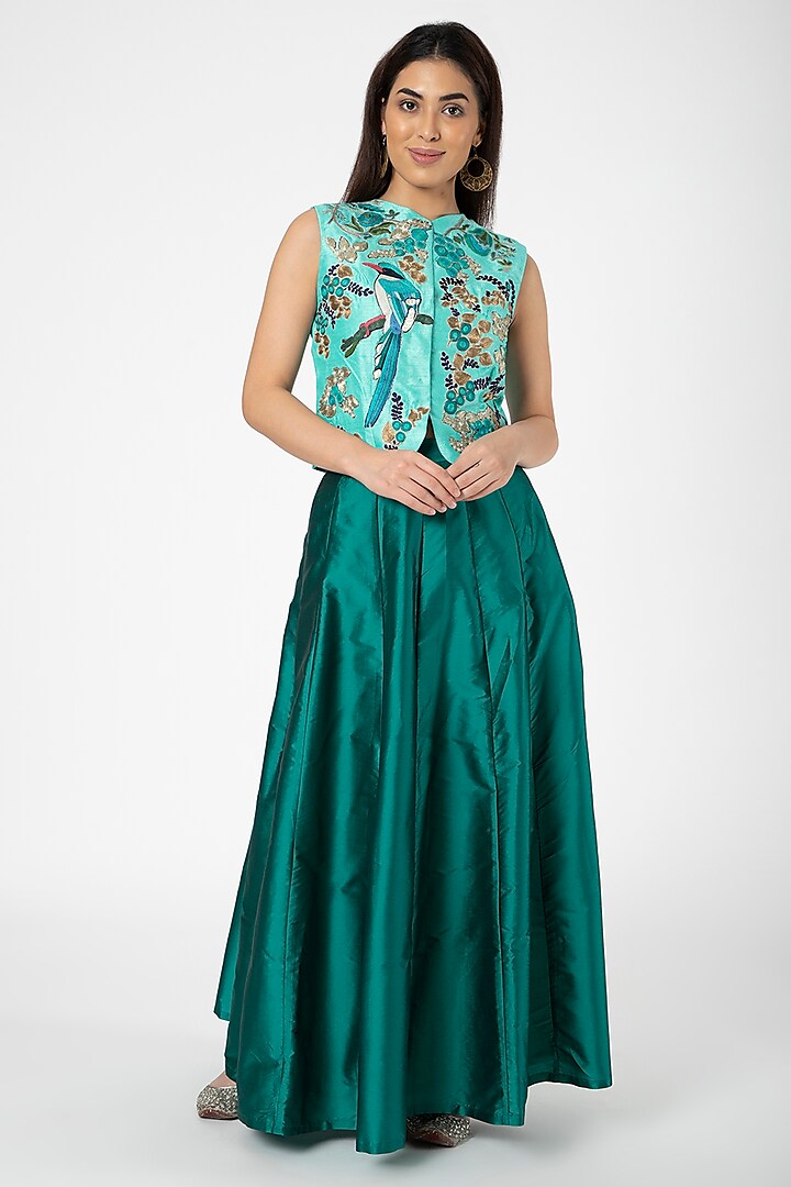 Turquoise Embroidered Jacket With Green Lehenga by Aharin India