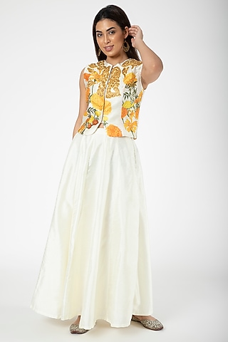 Ivory Embroidered Jacket With Lehenga by Aharin India