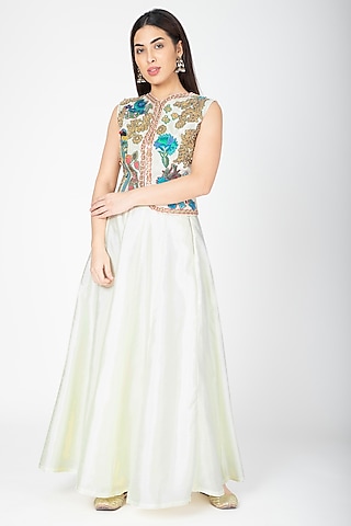 White Embroidered Jacket With Lehenga by Aharin India