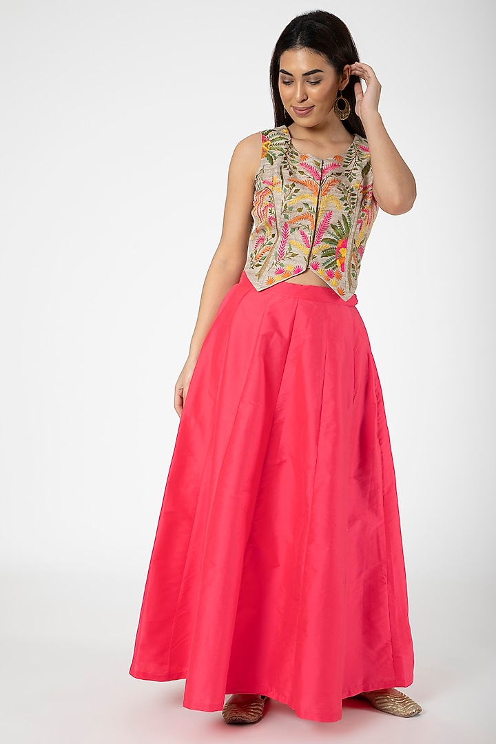 Gold Embroidered Jacket With Red Lehenga by Aharin India