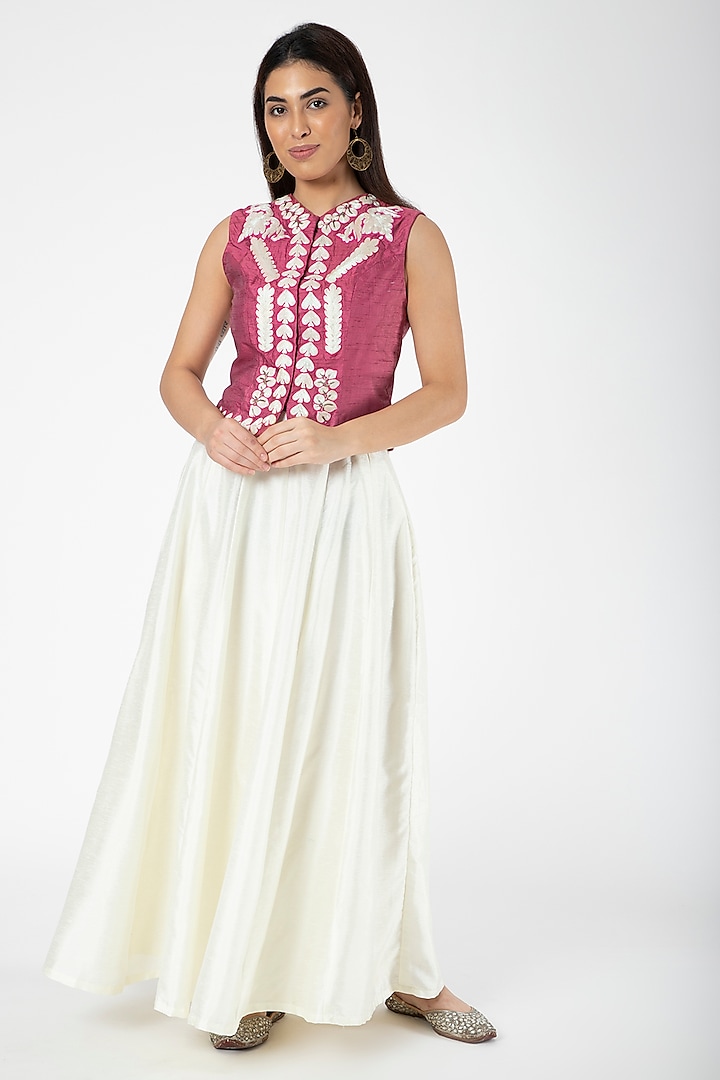 Onion Pink Embroidered Jacket With White Lehenga by Aharin India at Pernia's Pop Up Shop