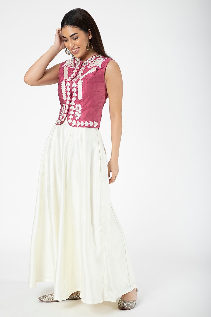 Onion Pink Embroidered Jacket With White Lehenga by Aharin India at Pernia's Pop Up Shop