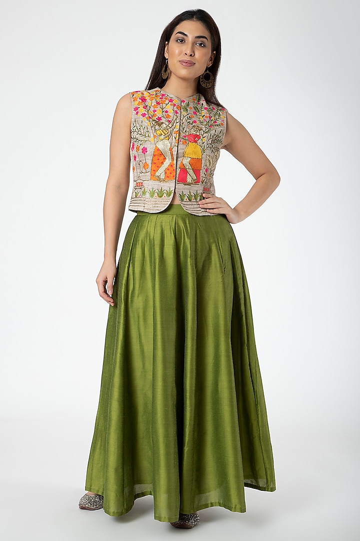 Gold Embroidered Jacket With Mehendi Green Lehenga by Aharin India at Pernia's Pop Up Shop