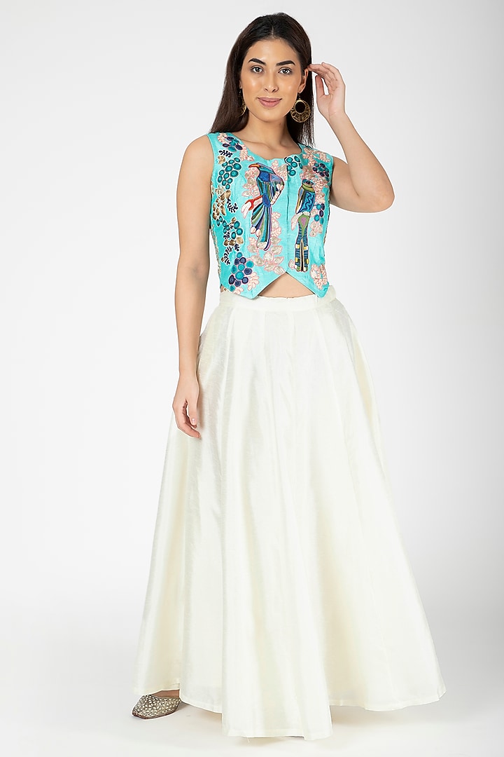 Turquoise Embroidered Jacket With White Lehenga by Aharin India at Pernia's Pop Up Shop