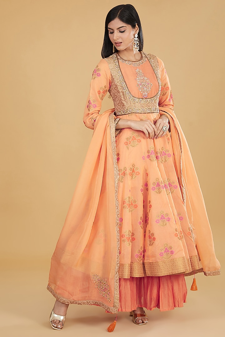 Orange Cotton Banarasi Floral Printed & Boota Embroidered Party Wear Anarkali Set by Aharin India at Pernia's Pop Up Shop