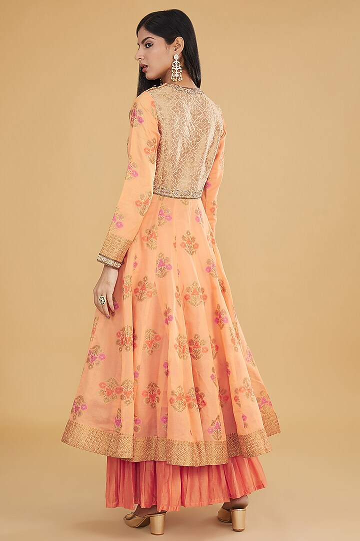 Orange Cotton Banarasi Floral Printed & Boota Embroidered Party Wear Anarkali Set by Aharin India at Pernia's Pop Up Shop