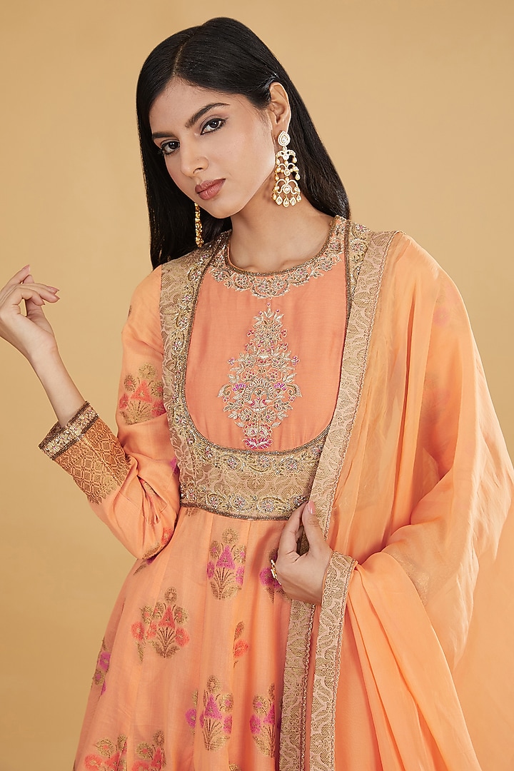 Orange Cotton Banarasi Floral Printed & Boota Embroidered Party Wear Anarkali Set by Aharin India at Pernia's Pop Up Shop