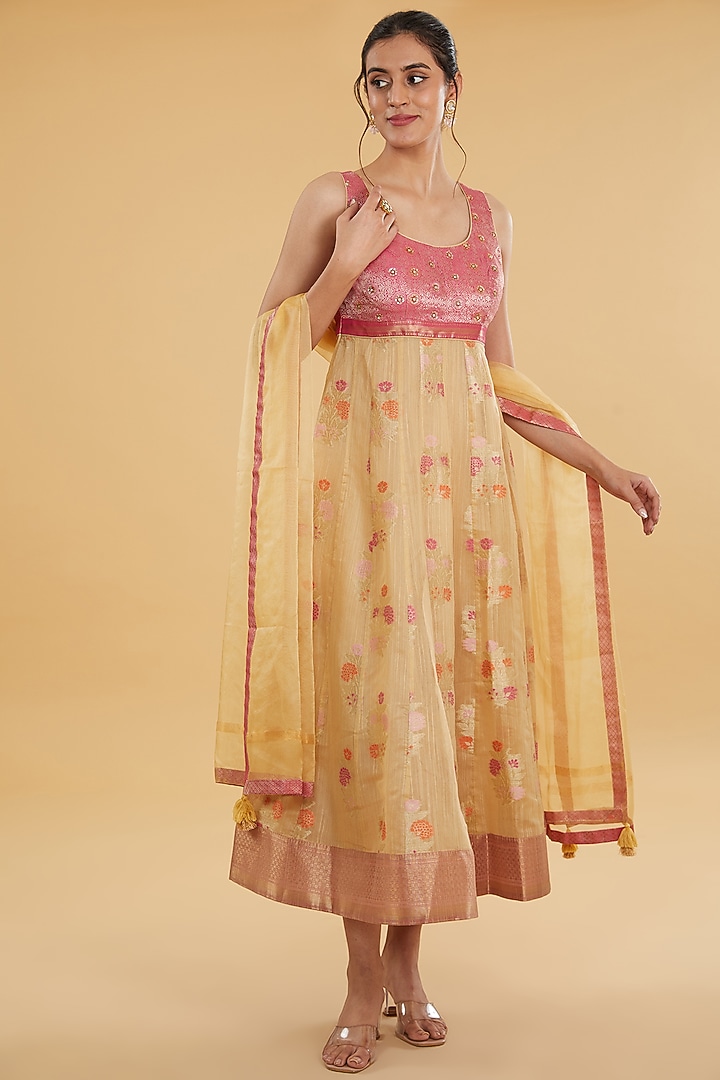 Beige Cotton Banarasi Floral Printed & Boota Embroidered Party Wear Anarkali Set by Aharin India at Pernia's Pop Up Shop