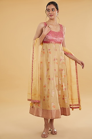Beige Cotton Banarasi Floral Printed & Boota Embroidered Anarkali Set by Aharin India