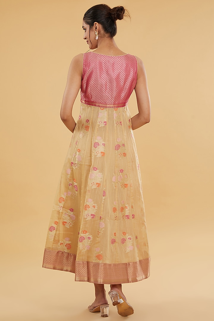 Beige Cotton Banarasi Floral Printed & Boota Embroidered Party Wear Anarkali Set by Aharin India at Pernia's Pop Up Shop