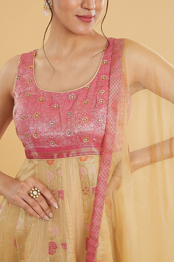 Beige Cotton Banarasi Floral Printed & Boota Embroidered Party Wear Anarkali Set by Aharin India at Pernia's Pop Up Shop