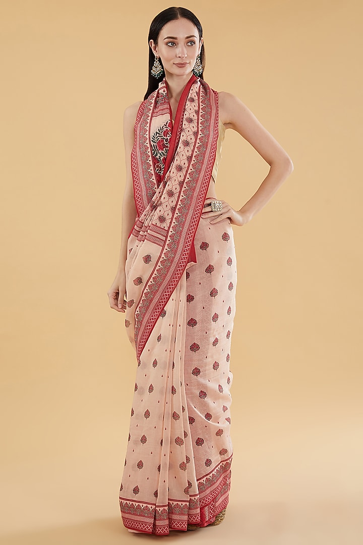 Peach Chanderi Floral Printed Party Wear Saree Set by Aharin India at Pernia's Pop Up Shop