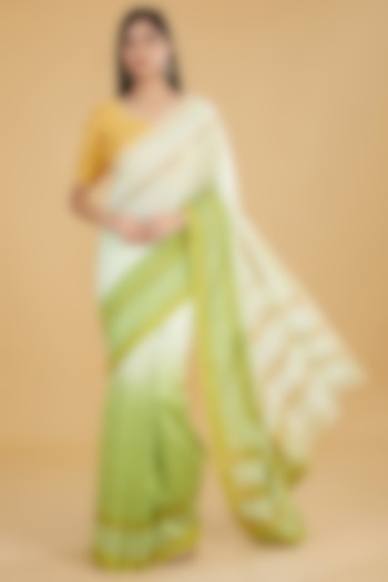 Ivory & Green Ombre Chanderi Saree Set by Aharin India at Pernia's Pop Up Shop