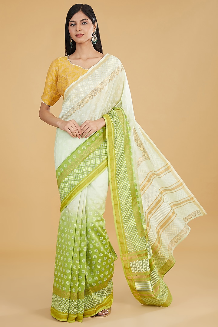 Ivory & Green Ombre Chanderi Saree Set by Aharin India at Pernia's Pop Up Shop