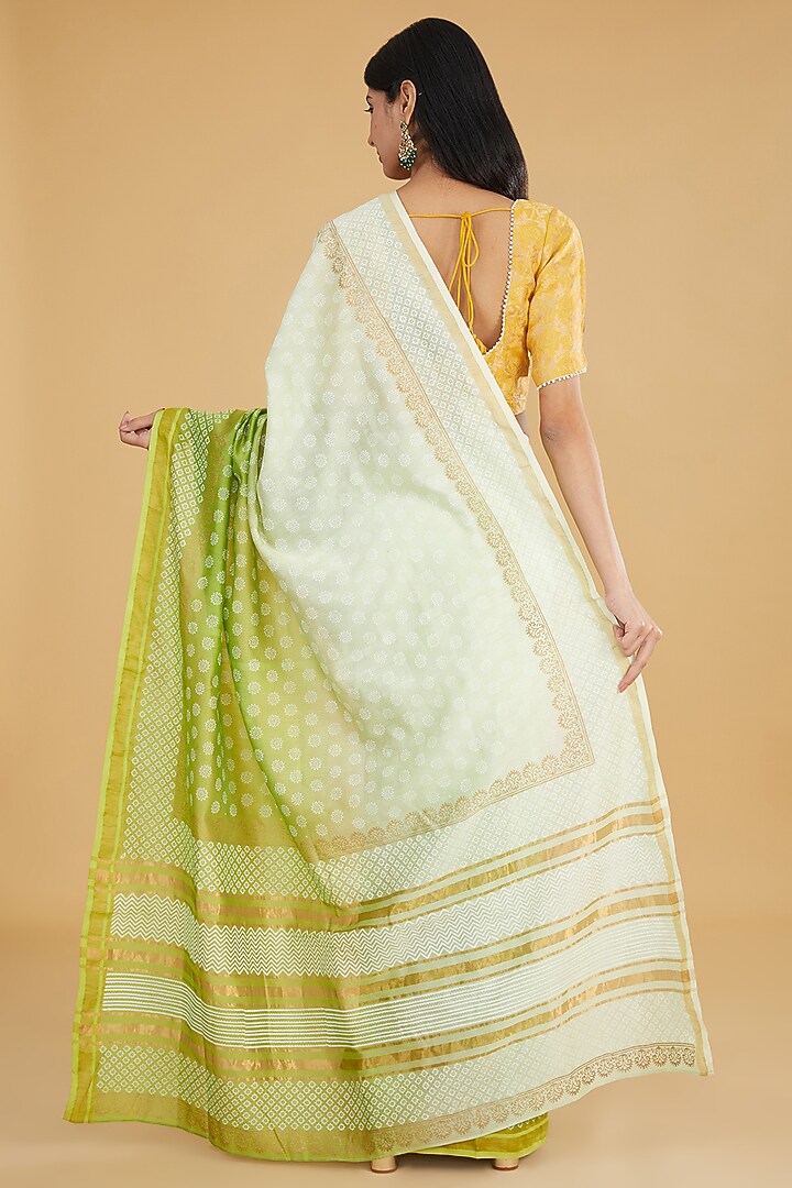 Ivory & Green Ombre Chanderi Party Wear Saree Set by Aharin India at Pernia's Pop Up Shop