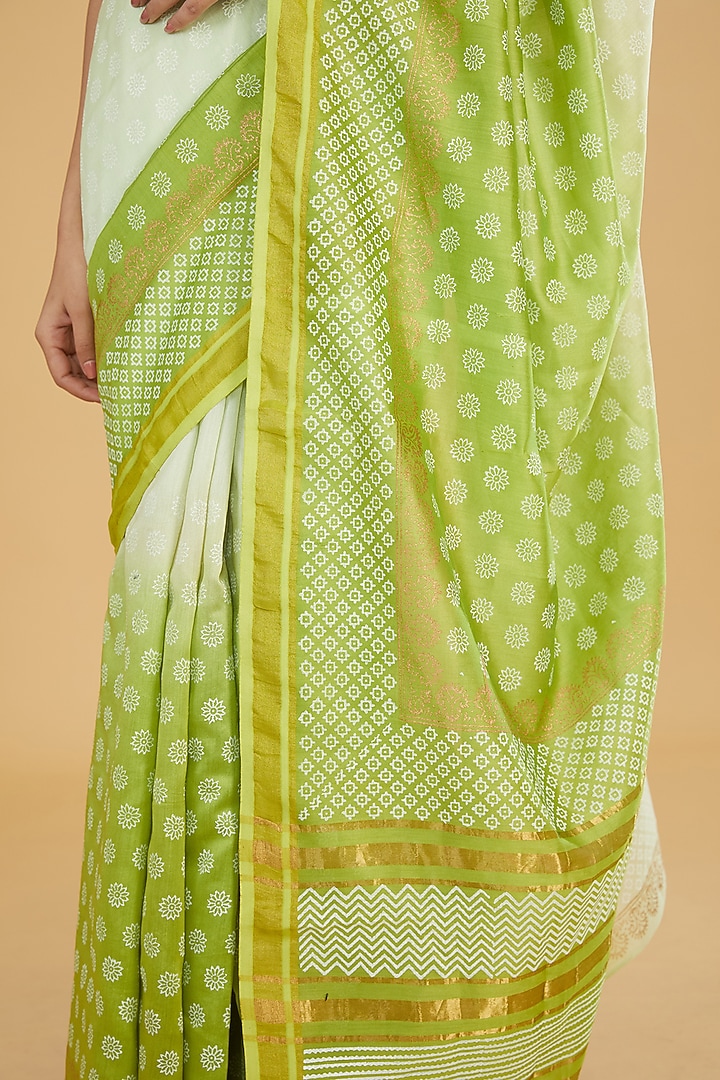 Ivory & Green Ombre Chanderi Party Wear Saree Set by Aharin India at Pernia's Pop Up Shop