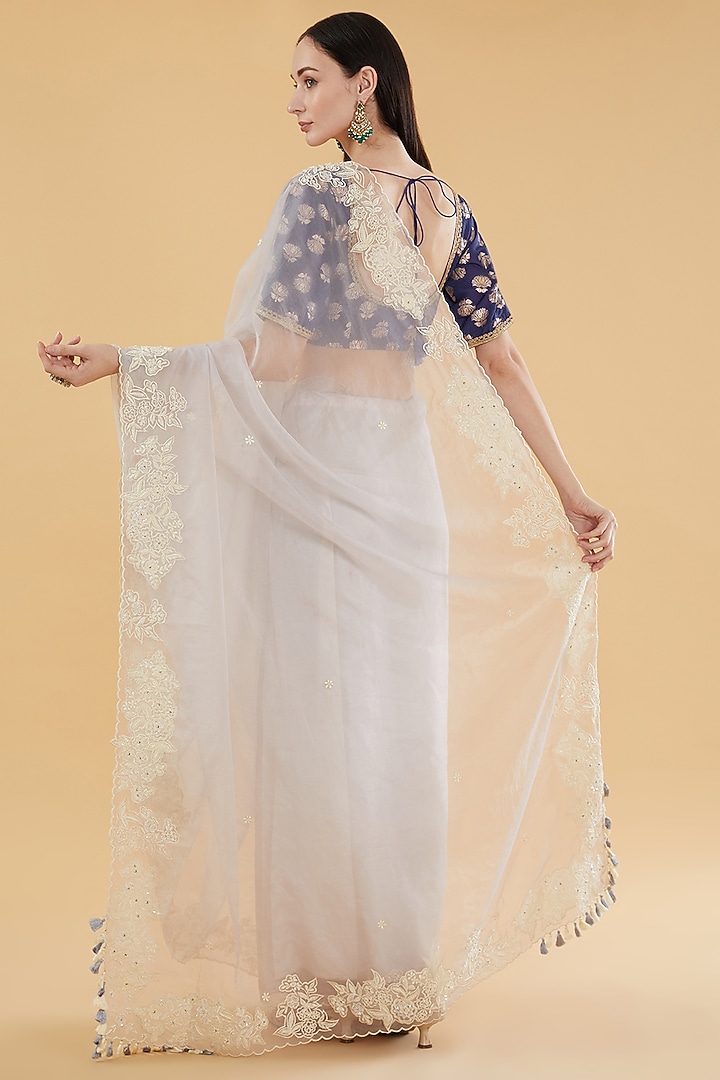 Ivory Organza Floral Embroidered Wedding Saree Set by Aharin India at Pernia's Pop Up Shop
