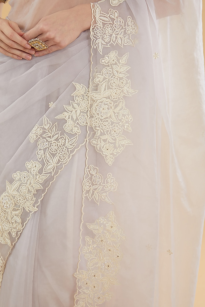 Ivory Organza Floral Embroidered Wedding Saree Set by Aharin India at Pernia's Pop Up Shop