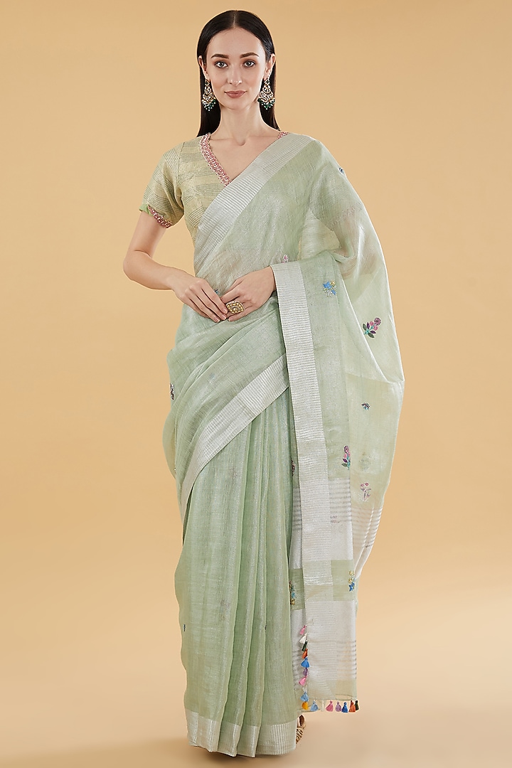 Light Mint Green Cotton Silk Floral Embroidered Party Wear Saree Set by Aharin India at Pernia's Pop Up Shop