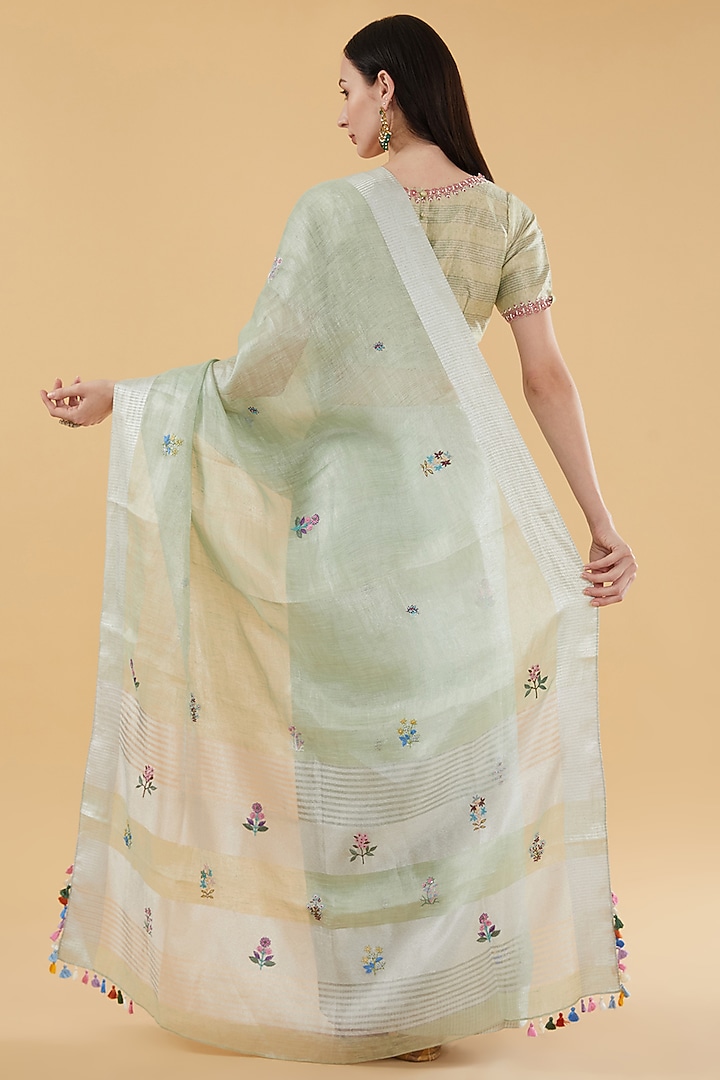 Light Mint Green Cotton Silk Floral Embroidered Party Wear Saree Set by Aharin India at Pernia's Pop Up Shop