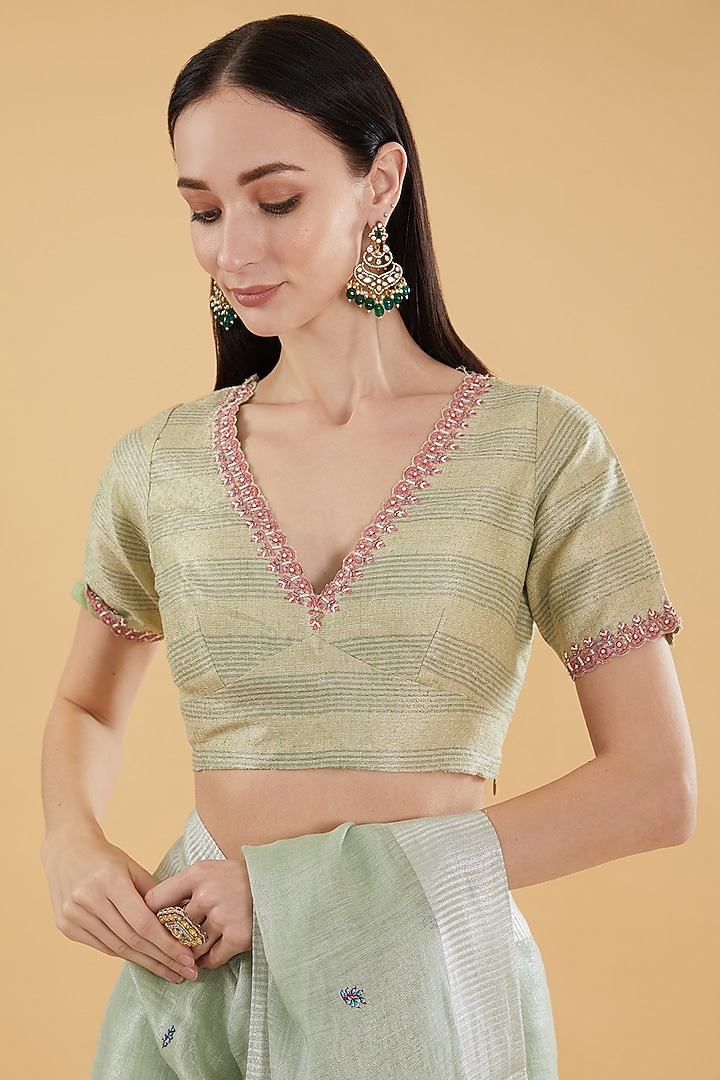 Light Mint Green Cotton Silk Floral Embroidered Party Wear Saree Set by Aharin India at Pernia's Pop Up Shop