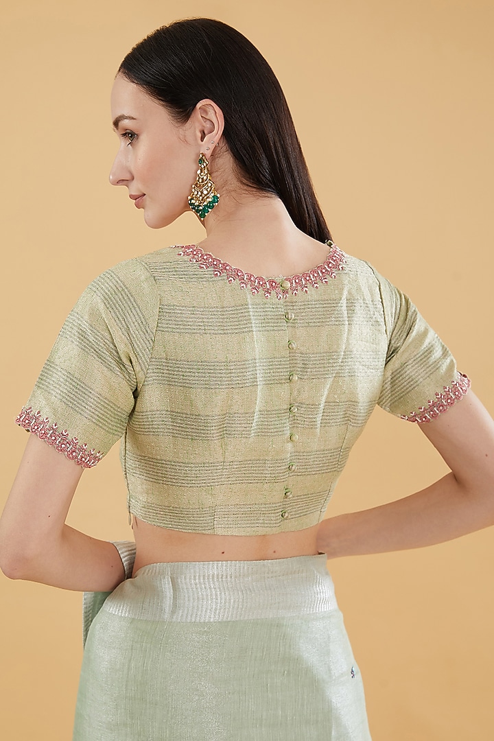 Light Mint Green Cotton Silk Floral Embroidered Party Wear Saree Set by Aharin India at Pernia's Pop Up Shop