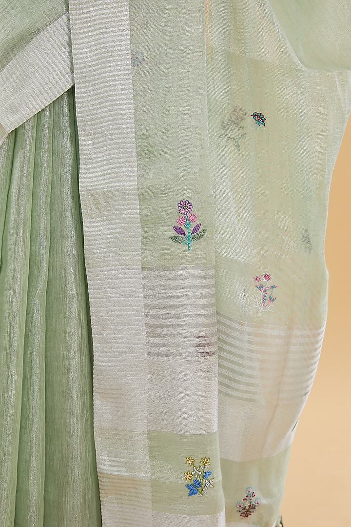 Light Mint Green Cotton Silk Floral Embroidered Party Wear Saree Set by Aharin India at Pernia's Pop Up Shop