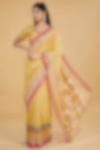 Yellow Cotton Silk Floral Printed Party Wear Saree Set by Aharin India at Pernia's Pop Up Shop