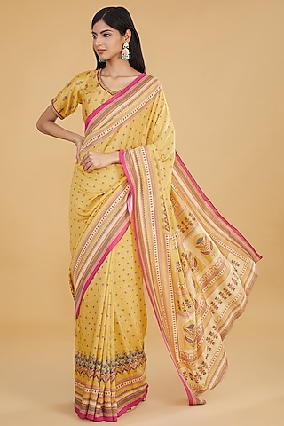 Yellow Cotton Silk Floral Printed Saree Set by Aharin India