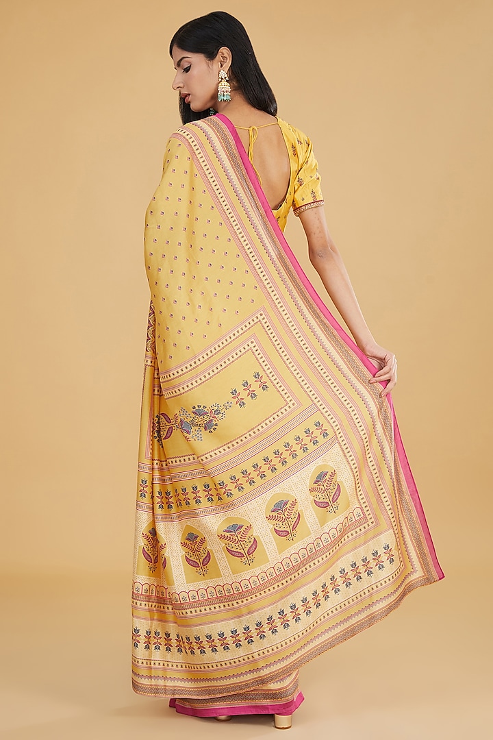 Yellow Cotton Silk Floral Printed Party Wear Saree Set by Aharin India at Pernia's Pop Up Shop