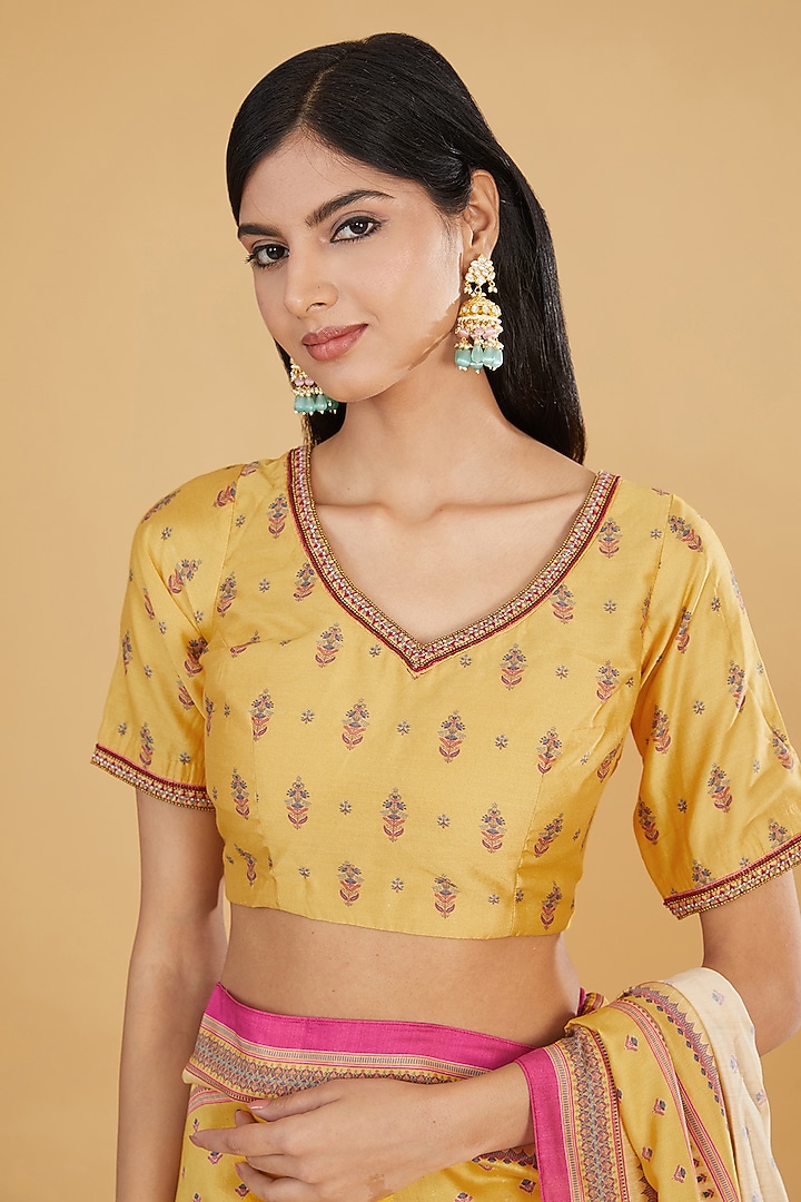 Yellow Cotton Silk Floral Printed Party Wear Saree Set by Aharin India at Pernia's Pop Up Shop