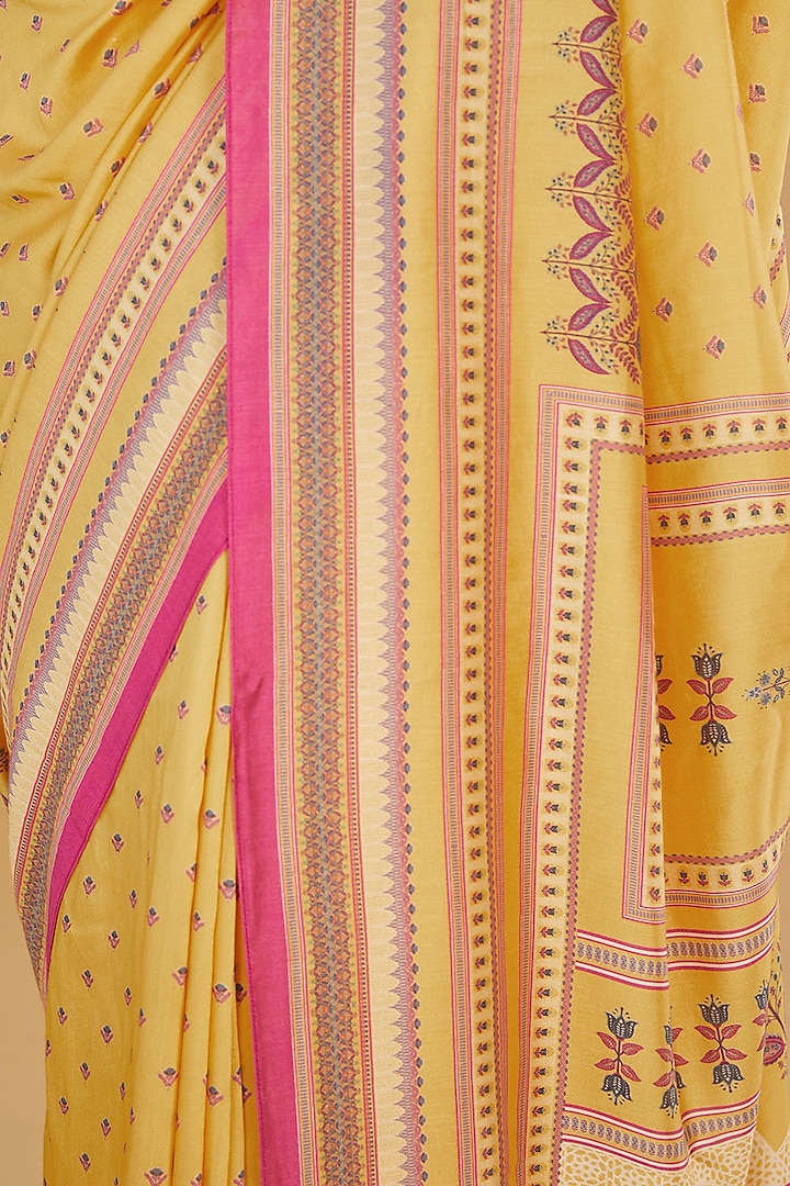 Yellow Cotton Silk Floral Printed Party Wear Saree Set by Aharin India at Pernia's Pop Up Shop