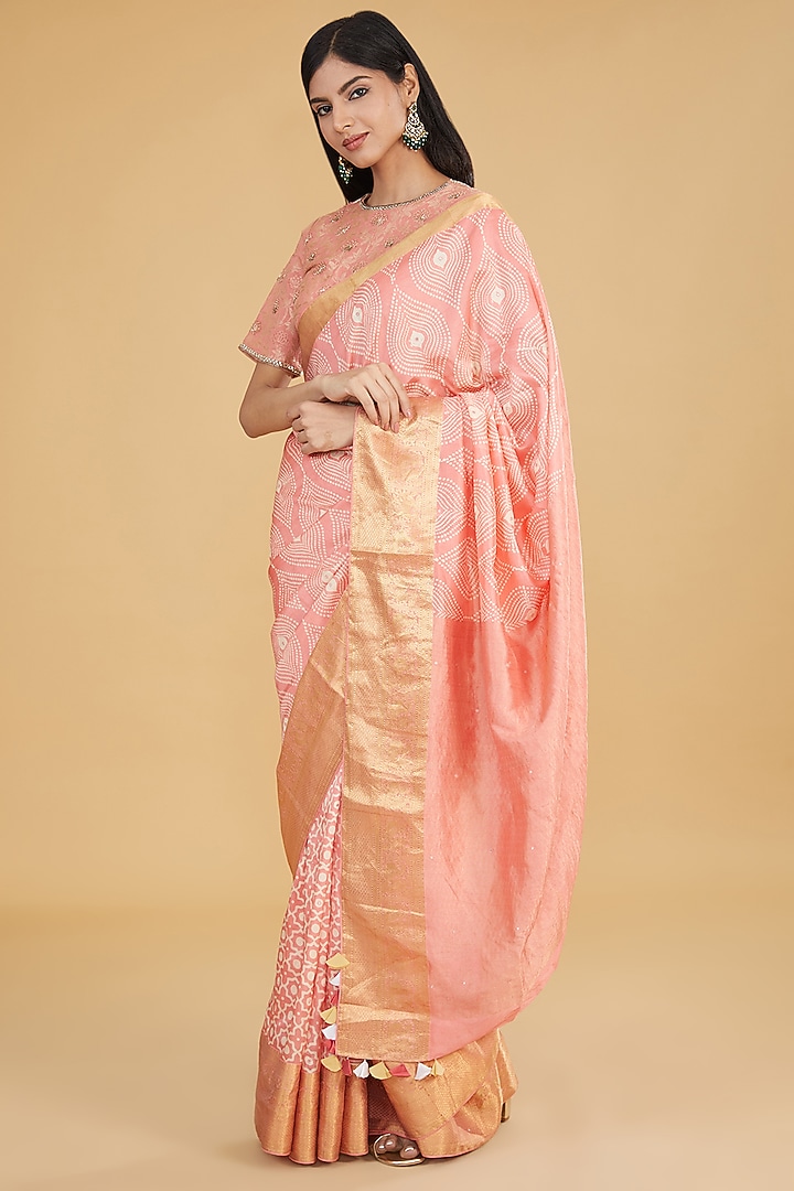 Peach Cotton Silk Printed Party Wear Saree Set by Aharin India at Pernia's Pop Up Shop
