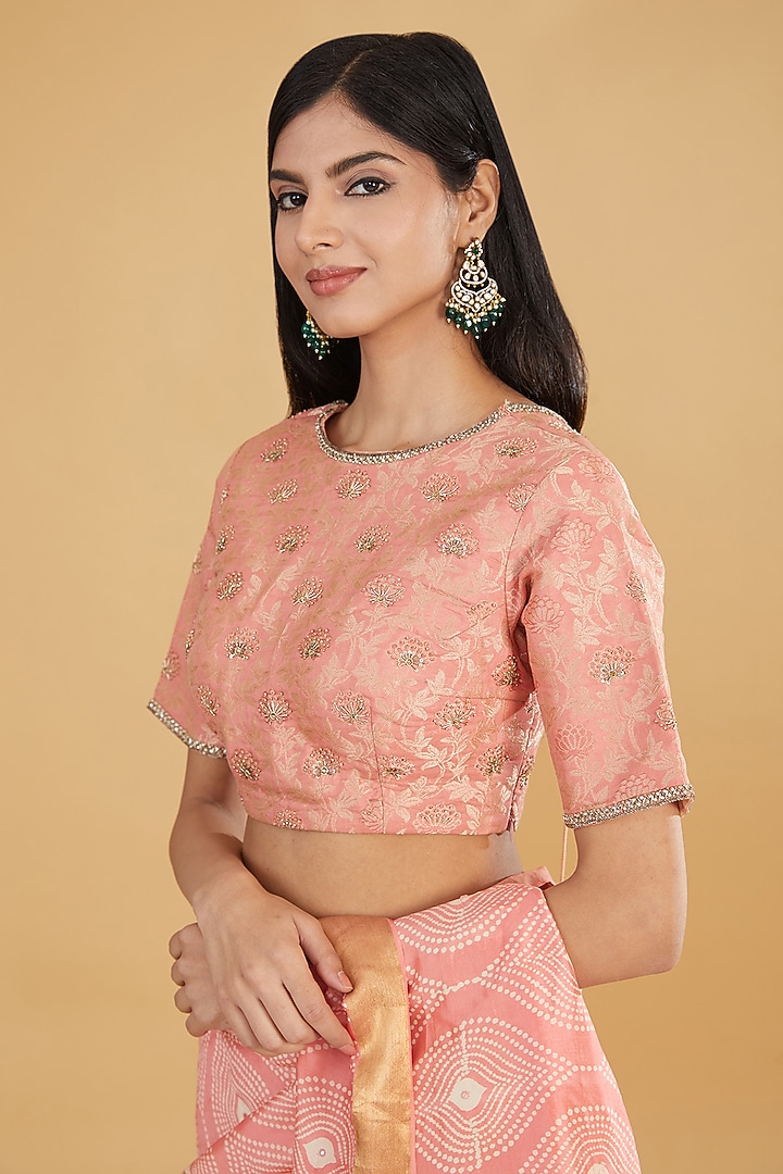 Peach Cotton Silk Printed Party Wear Saree Set by Aharin India at Pernia's Pop Up Shop