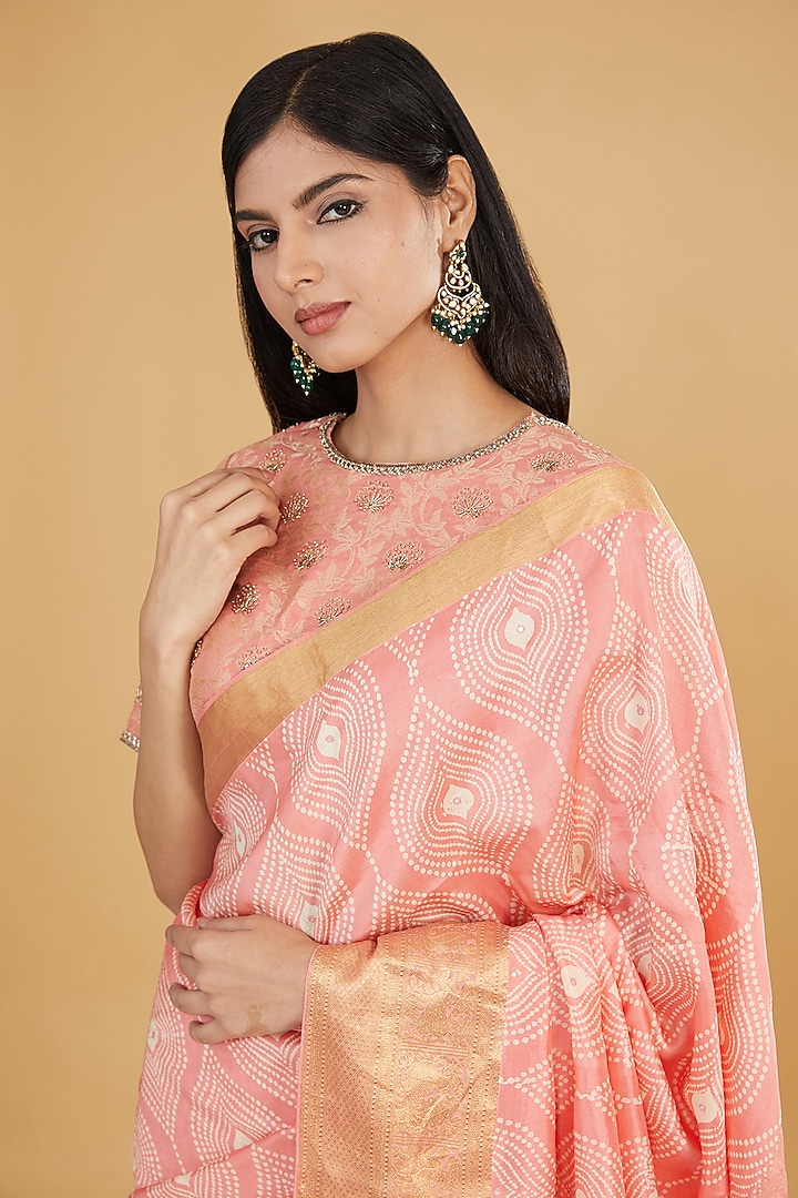 Peach Cotton Silk Printed Party Wear Saree Set by Aharin India at Pernia's Pop Up Shop